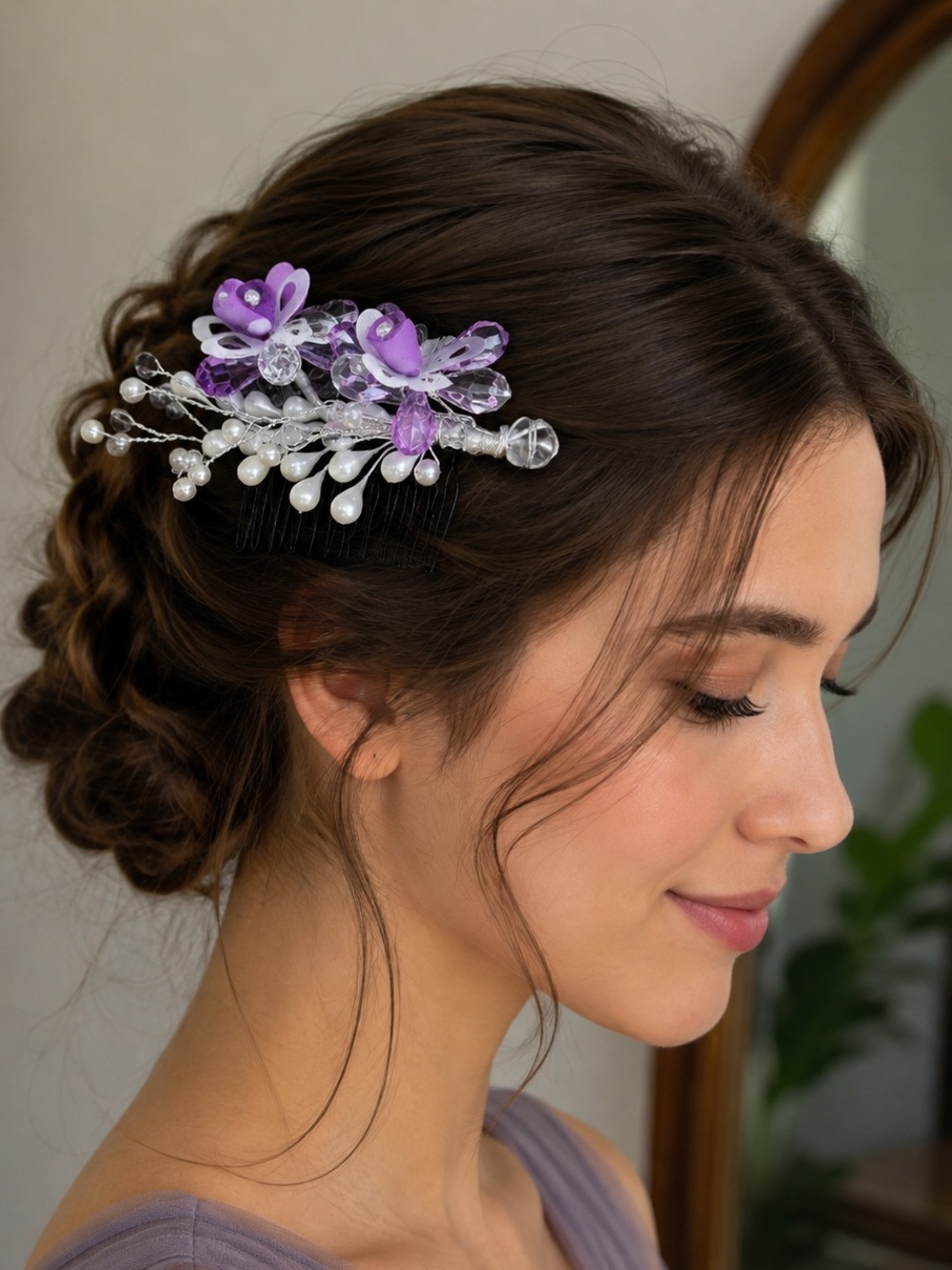 Purple Crystal Floral Hair Comb